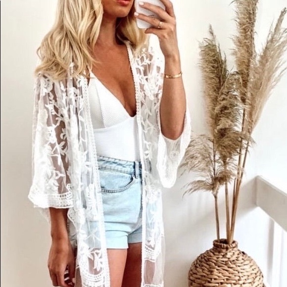 White mesh lace boho kimono cardigan sweater - Picture 3 of 4